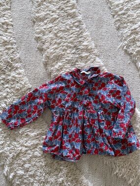Caramel Red and Blue Floral Long-Sleeve Peplum Top